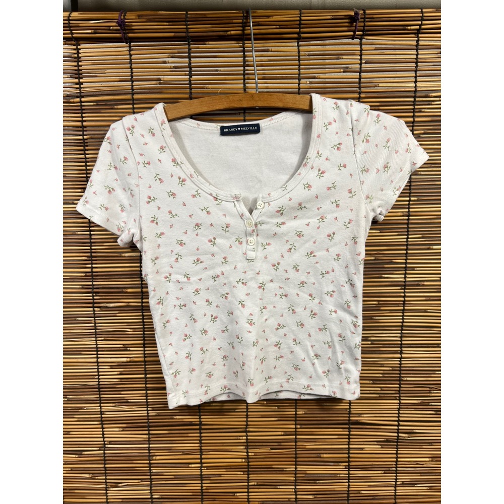 Brandy Melville OS Henley Top White Pink Floral Cotton Ribbed Short Sleeve
